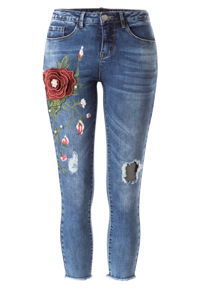 Capri-Jeans mit Blumen-Stickerei